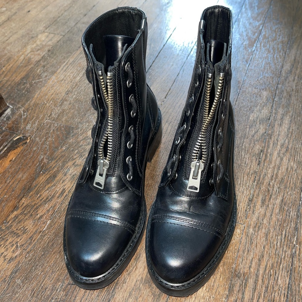 All Saints Zip Front Chunky Leather Combat Boots - Black - 39